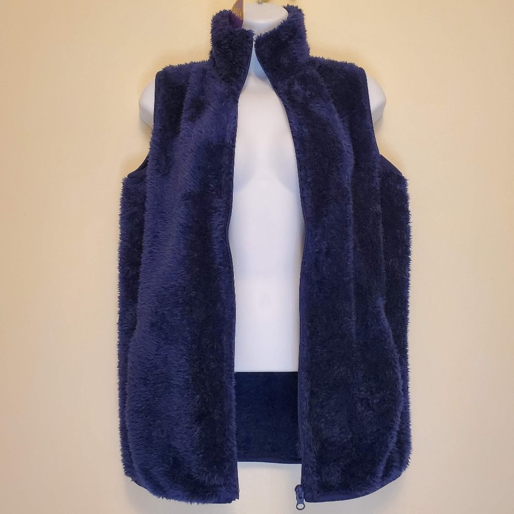 NWT Emily Stacy Womens Missy Fleece Blue Zip Up Teddy Vest w/Pockets - M